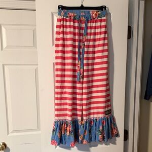 Matilda Jane Pink and White Striped flowing capri pants with Blue Floral Trim